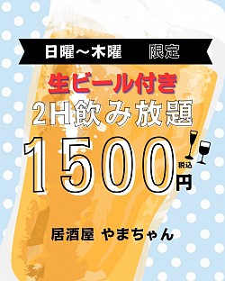 昼飲みOK!『日〜木』生ビール付き2時間飲み放題1500円